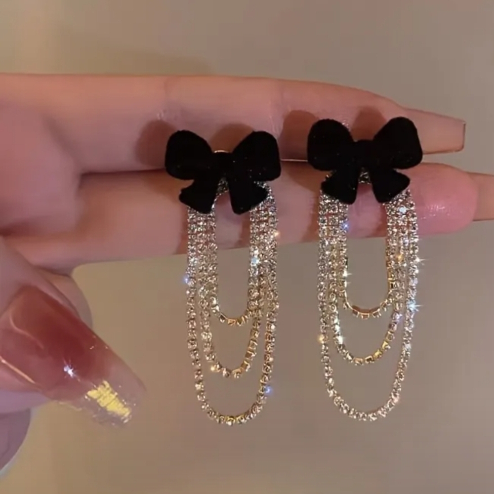 Black Bow and Silver Chain Earrings